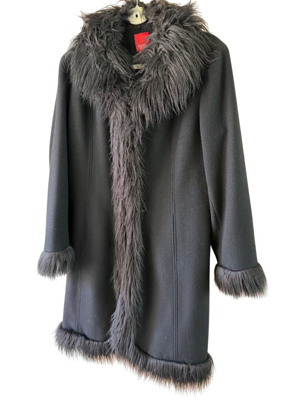 Esprit Penny Lane Womens Lined Faux Fur Trim Coat Size Large Black Wool Vintage